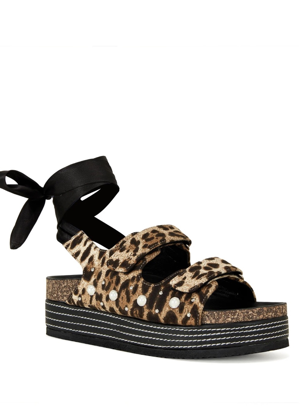 Leopard Print Platform Sandal with Black Ankle Tie and Pearl Accents